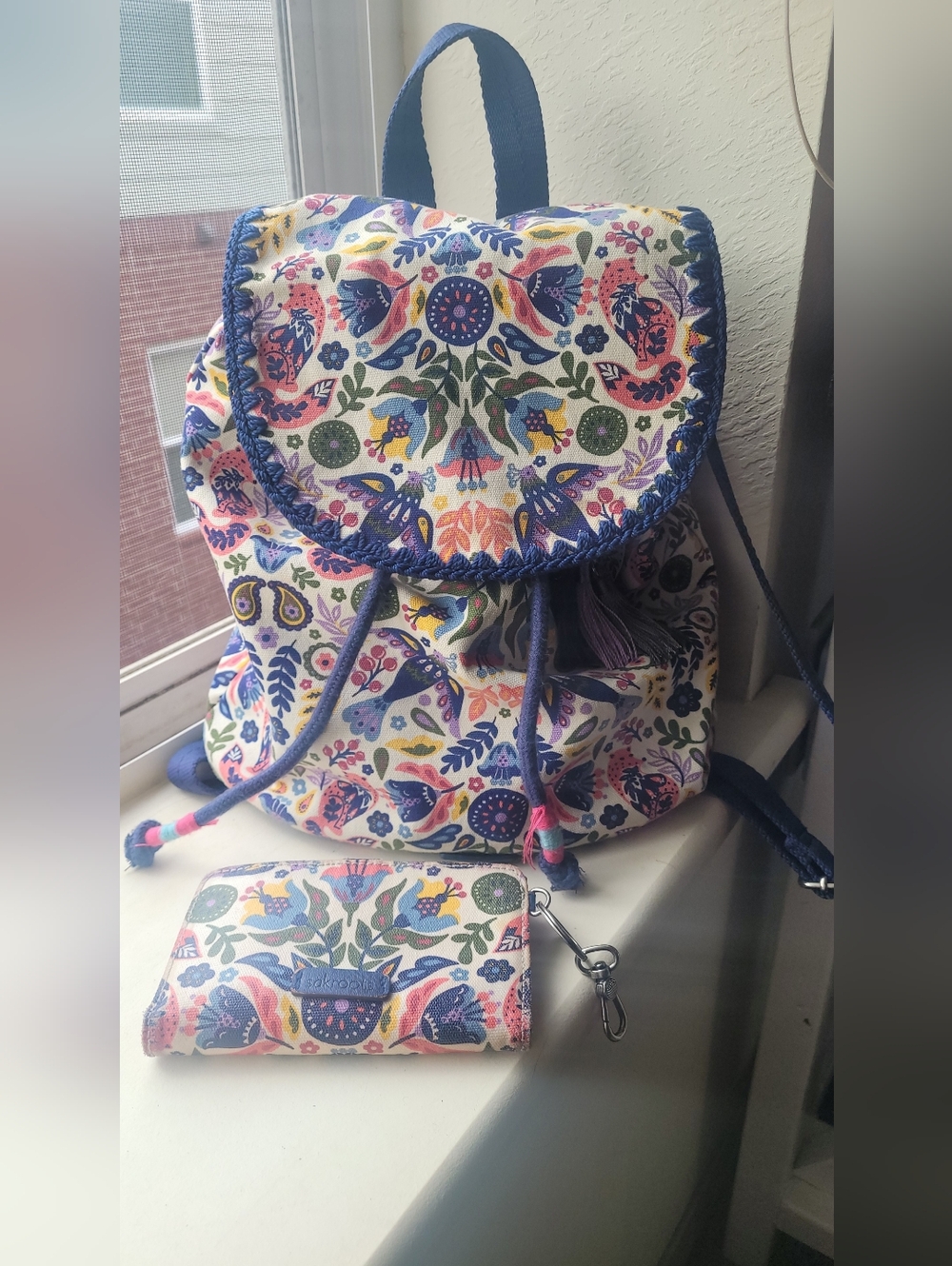 Sakroots Floral Canvas Drawstring Backpack in Blue, Pink, Green & Yellow